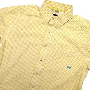 Ariat Pro Series Shirt Mens Medium Yellow Check Short Sleeve Western Button Up